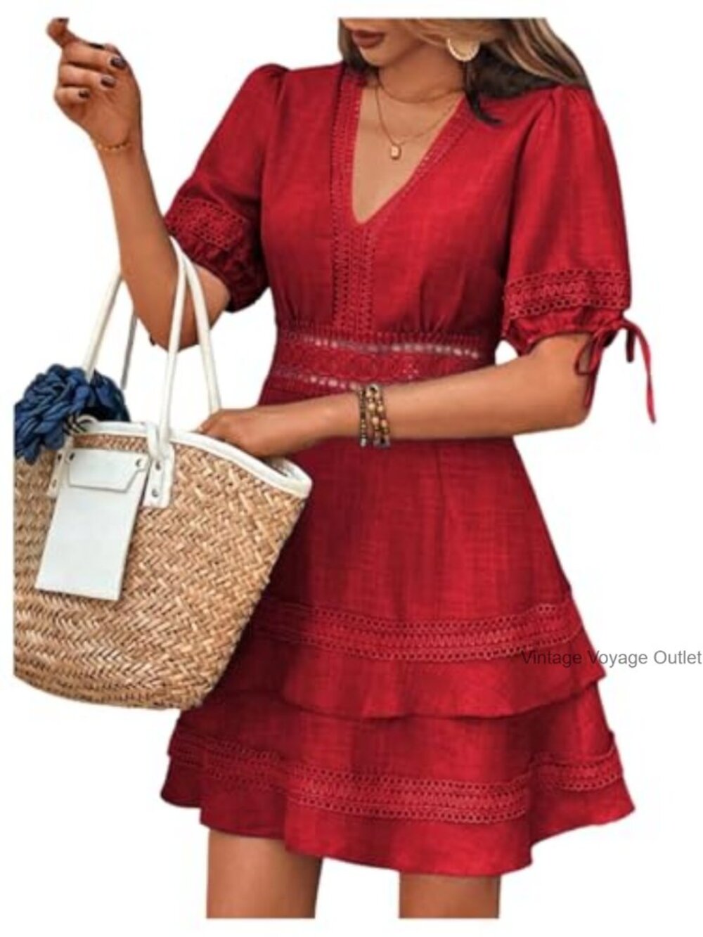 Women's Casual A-Line Summer Dress with Lace Short Sleeves